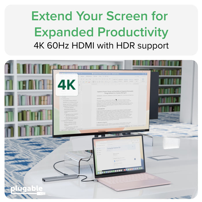Plugable USBC-9IN1E hub connected to a laptop and external monitor displaying 4K 60Hz HDMI output with HDR support.