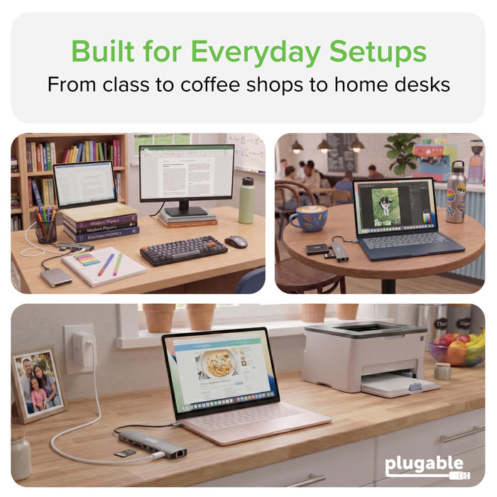 Plugable USBC-9IN1E hub shown in three lifestyle settings: home desk, coffee shop, and kitchen counter.