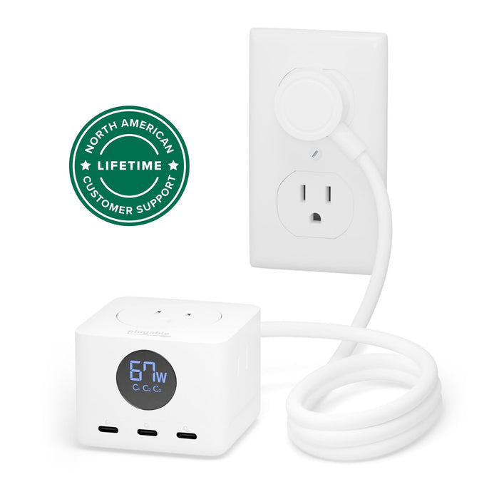 Plugable PS3-METERC3 67W power strip with three USB-C ports, digital watt meter, and flat wall plug.