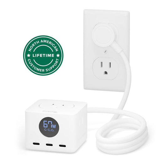 Plugable PS3-METERC3 67W power strip with three USB-C ports, digital watt meter, and flat wall plug.