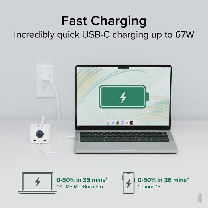 PS3-METERC3 67W USB-C charging: 14-inch M3 MacBook Pro 0-50% in 35 mins, iPhone 15 0-50% in 26 mins.