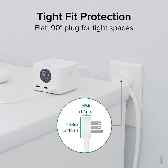 PS3-METERC3 flat 90-degree wall plug dimensions: .55in (1.4cm) depth and 1.33in (3.4cm) height.