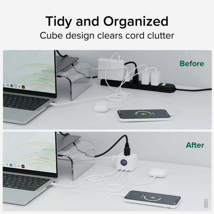 Comparison showing PS3-METERC3 cube design reducing cable clutter compared to a traditional power strip.