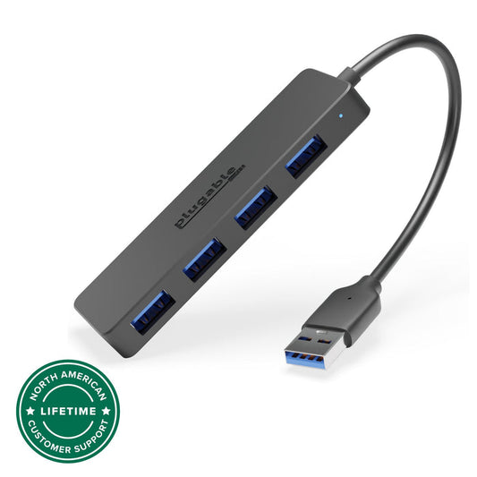 Plugable 4-port USB 3.0 hub with integrated USB-A cable and North American lifetime customer support badge.