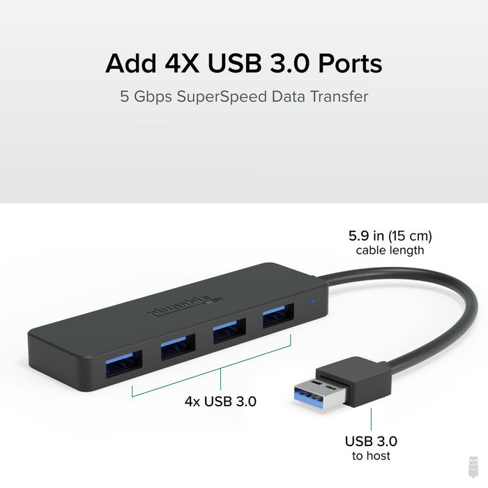 Plugable 4-port USB 3.0 hub with 5 Gbps data transfer, 5.9 in (15 cm) cable, and USB 3.0 host connector.