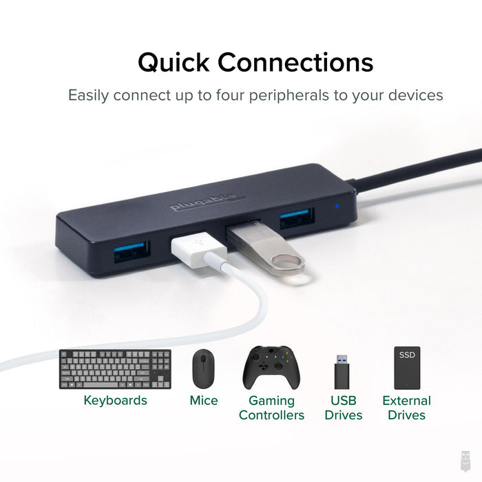Plugable USB3-HUB4A connecting keyboards, mice, gaming controllers, USB drives, and SSDs to a host device.