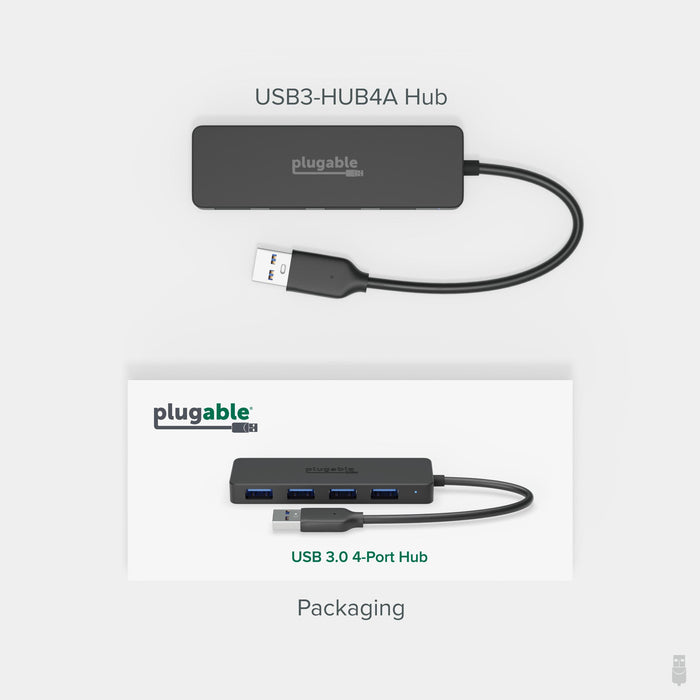 USB3-HUB4A 4-port USB 3.0 hub with integrated USB-A cable, shown in top-down and front-facing views.