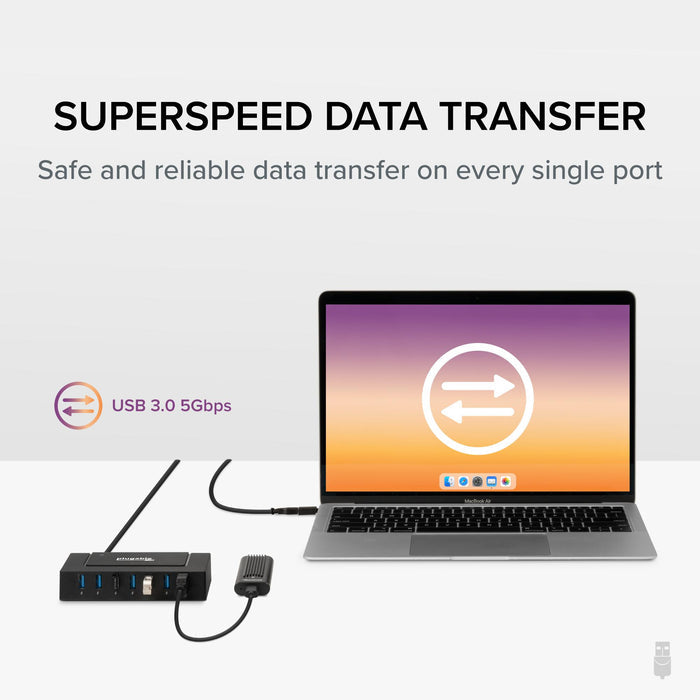 Plugable 7-in-1 hub connected to a laptop, highlighting USB 3.0 5Gbps data transfer speeds for all ports.