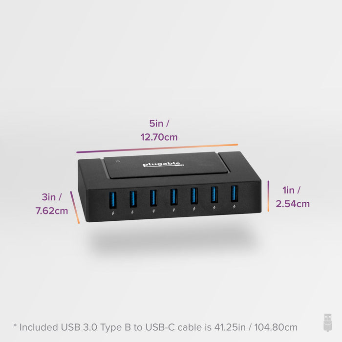 Plugable USBC-HUB7BC dimensions: 5in x 3in x 1in. Included USB 3.0 Type B to USB-C cable is 41.25in long.