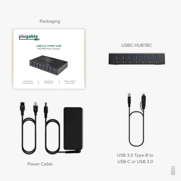 USBC-HUB7BC 7-port USB 3.0 hub with 60W power adapter, BC 1.2 charging, USB-C and USB 3.0 cables included.