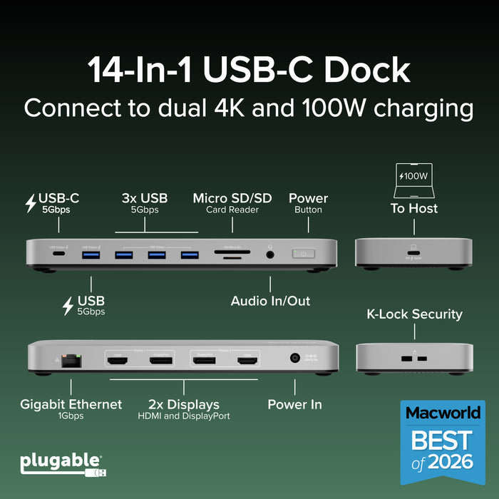 Plugable USB-C Docking Station for Mac, Dual 4K Monitors, 100W Laptop Charging (B-Stock)
