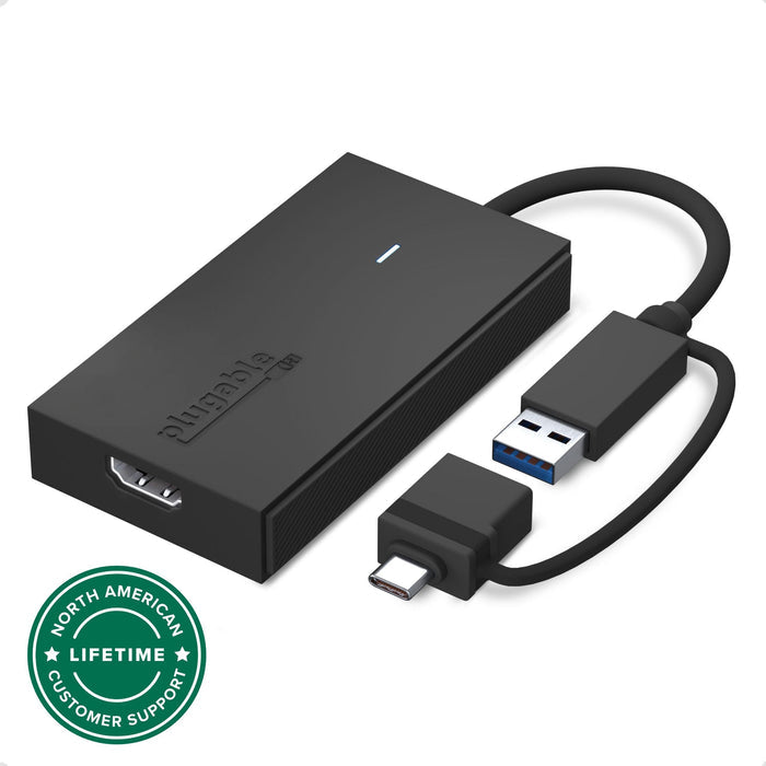 Plugable UGA-HDMI-S USB-C to HDMI adapter with attached USB-A adapter and North American lifetime customer support.