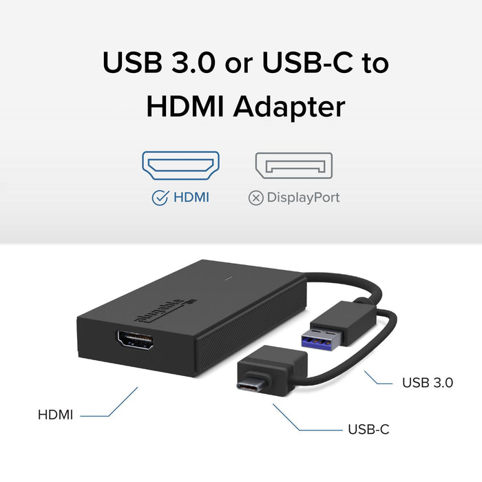 Plugable USB 3.0 or USB-C to HDMI adapter showing HDMI output, USB 3.0, and USB-C input connectors. DisplayPort excluded.