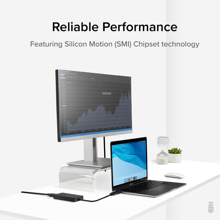Plugable UGA-HDMI-S adapter connected to a laptop and external monitor, featuring Silicon Motion (SMI) chipset.