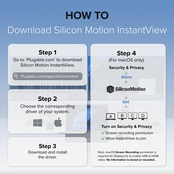 Infographic showing 4 steps to download Silicon Motion InstantView driver for Windows and macOS, including security settings.