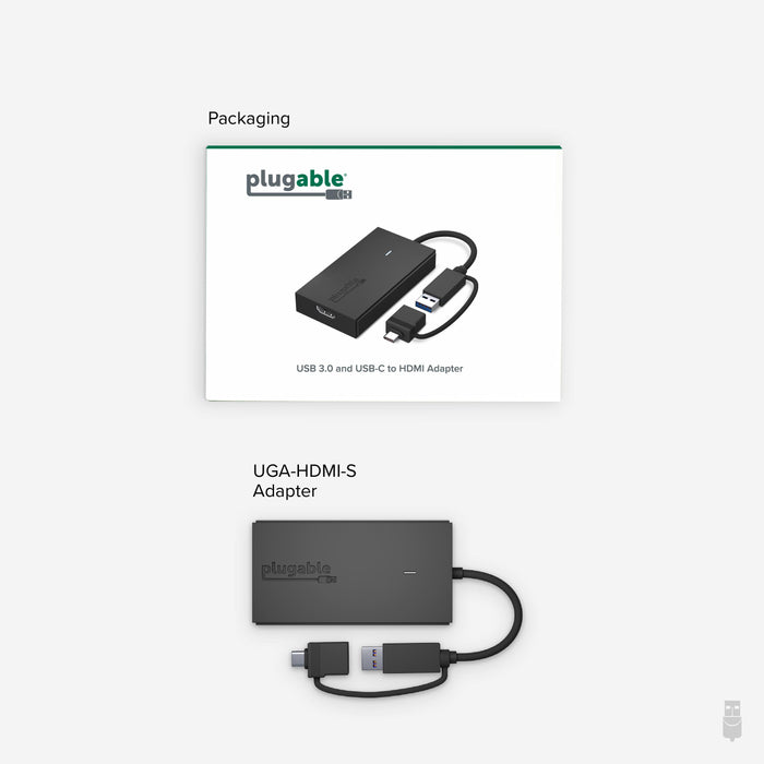 UGA-HDMI-S adapter with attached USB 3.0 and USB-C connectors and HDMI output port.