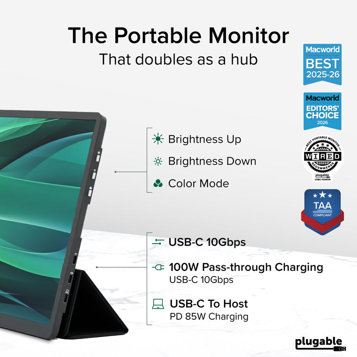 USBC-PDMON side buttons for brightness and color, plus ports: USB-C 10Gbps, 100W pass-through, and USB-C host with 85W PD.