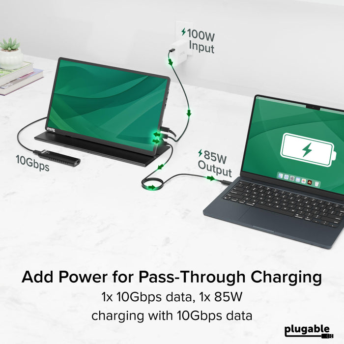 Plugable USBC-PDMON showing 100W input, 85W output pass-through charging, and 10Gbps data transfer to a laptop.