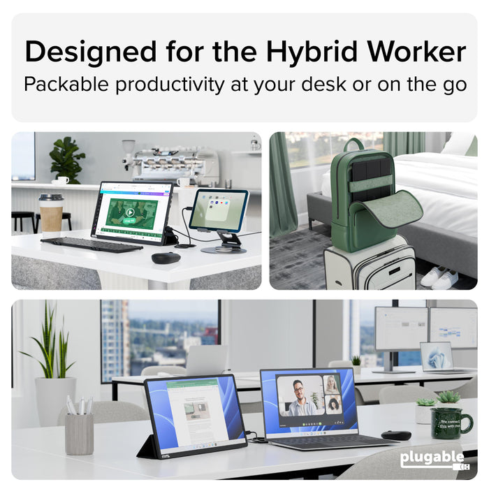 Plugable USBC-PDMON portable monitor shown in desk and travel settings, highlighting hybrid work portability.