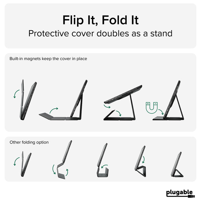 Plugable USBC-PDMON portable monitor protective cover folding instructions showing magnetic stand configurations.
