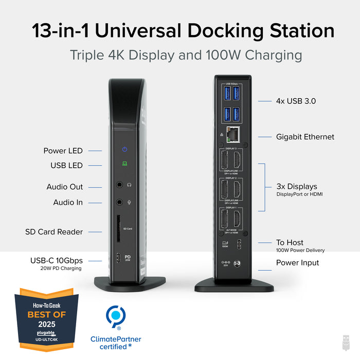 Plugable USB-C Triple 4K Monitor Docking Station with 100W Laptop Charging (B-Stock)