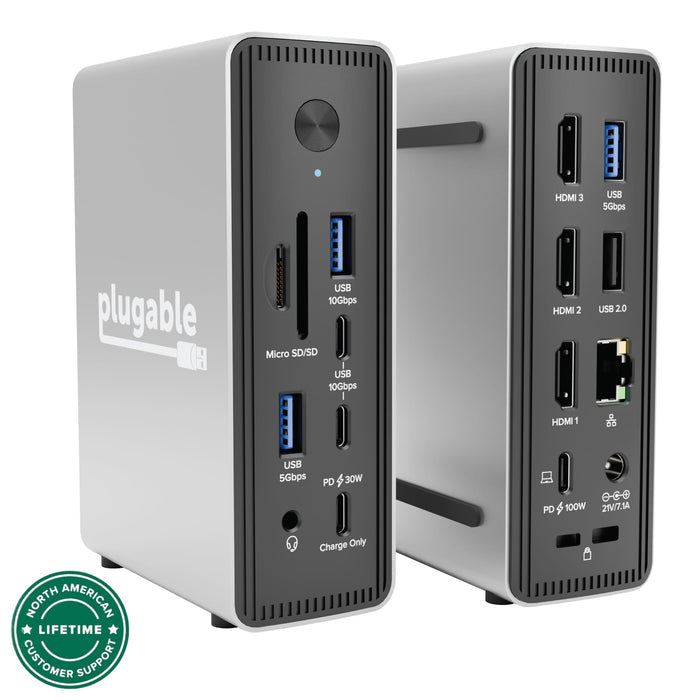 Plugable UD-MSTH3 docking station with front Micro SD/SD, USB 10Gbps, USB 5Gbps, 30W PD, audio, and rear HDMI, USB ports.