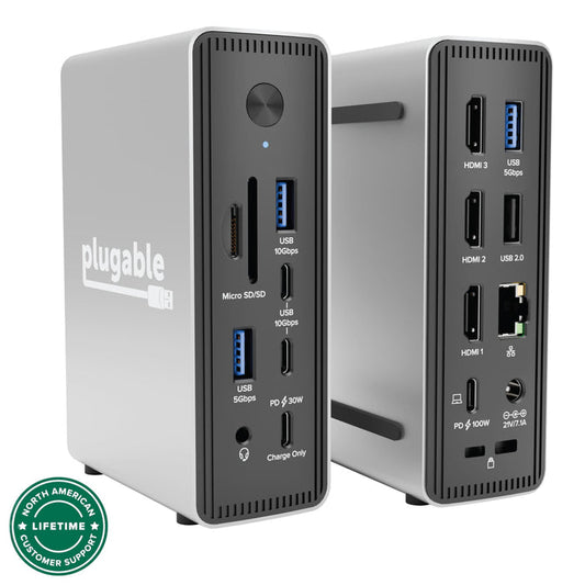 Plugable UD-MSTH3 docking station with front Micro SD/SD, USB 10Gbps, USB 5Gbps, 30W PD, audio, and rear HDMI, USB ports.
