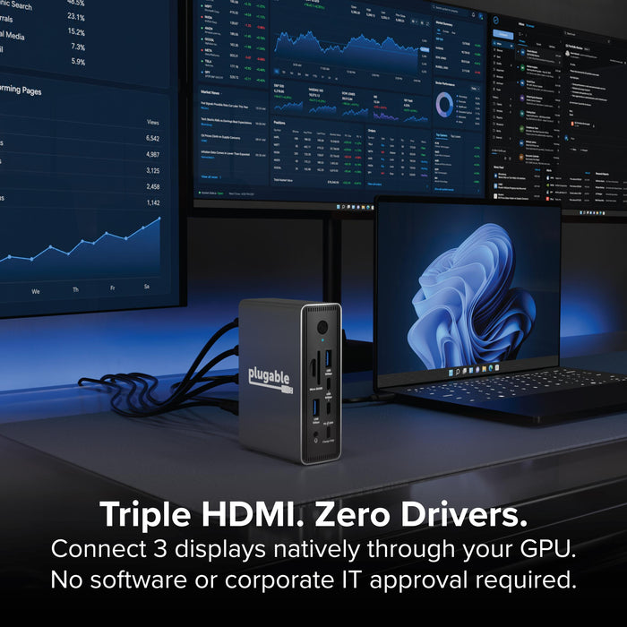 UD-MSTH3 docking station with Micro SD/SD, USB 10Gbps, USB 5Gbps PD 30W ports, supporting triple HDMI display output.