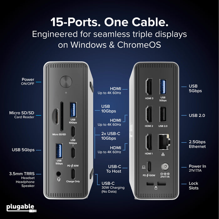 UD-MSTH3 15-port docking station for Windows and ChromeOS with triple 4K 60Hz HDMI, USB-C, USB-A, SD, and 100W PD.