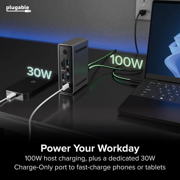 UD-MSTH3 dock front panel: 100W host charging, 30W USB-C charge-only port, USB 10Gbps, USB 5Gbps, SD, and Micro SD slots.