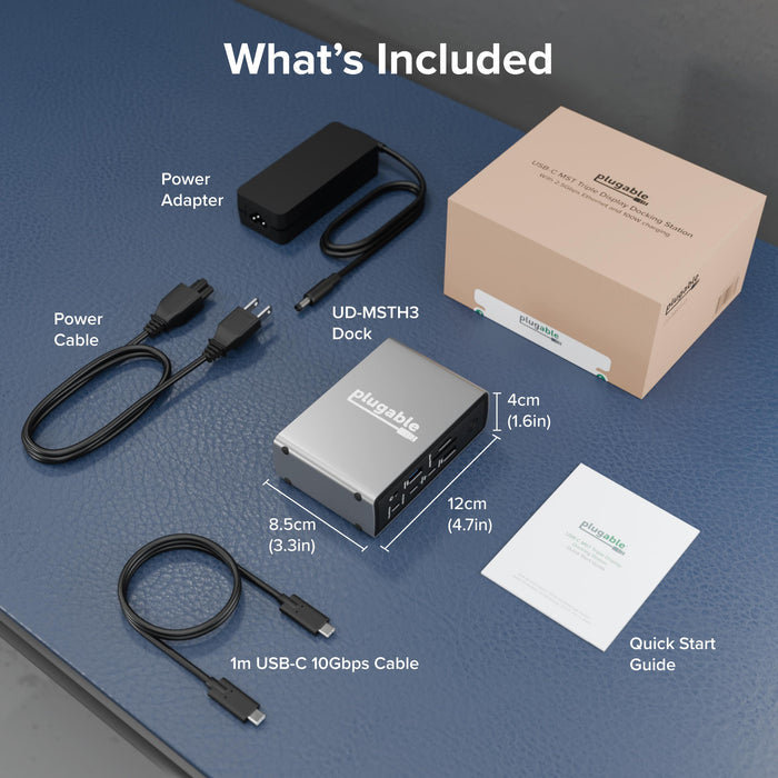 UD-MSTH3 contents: dock (12x8.5x4cm), power adapter, power cable, 1m 10Gbps USB-C cable, and quick start guide.