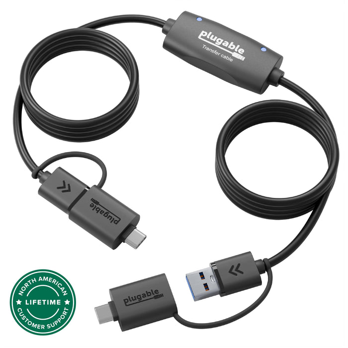 Plugable USBC-TRAN transfer cable with USB-C and USB-A connectors and North American lifetime customer support.