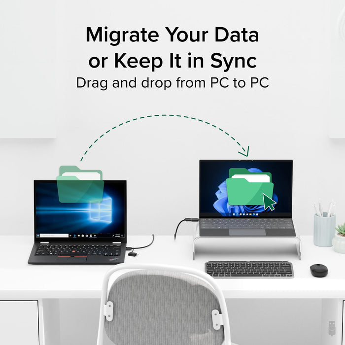 USBC-TRAN cable connecting two Windows PCs for drag-and-drop file migration and synchronization.