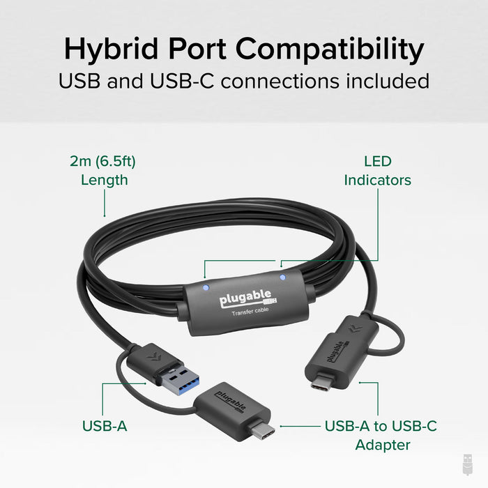 USBC-TRAN 2m (6.5ft) cable with LED indicators, USB-A connector, and included USB-A to USB-C adapter.