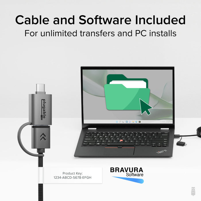 USBC-TRAN data transfer cable includes Bravura software for unlimited PC file transfers and installs.