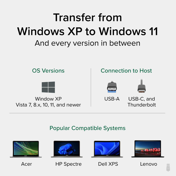 USBC-TRAN compatibility: Windows XP to 11, USB-A and USB-C/Thunderbolt connections, supports Acer, HP, Dell, and Lenovo.
