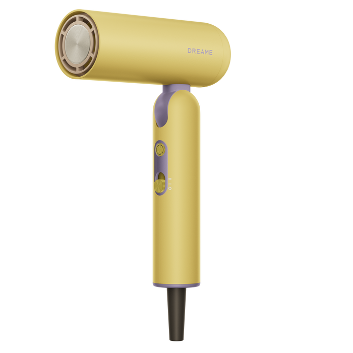 Yellow hair dryer on a white background