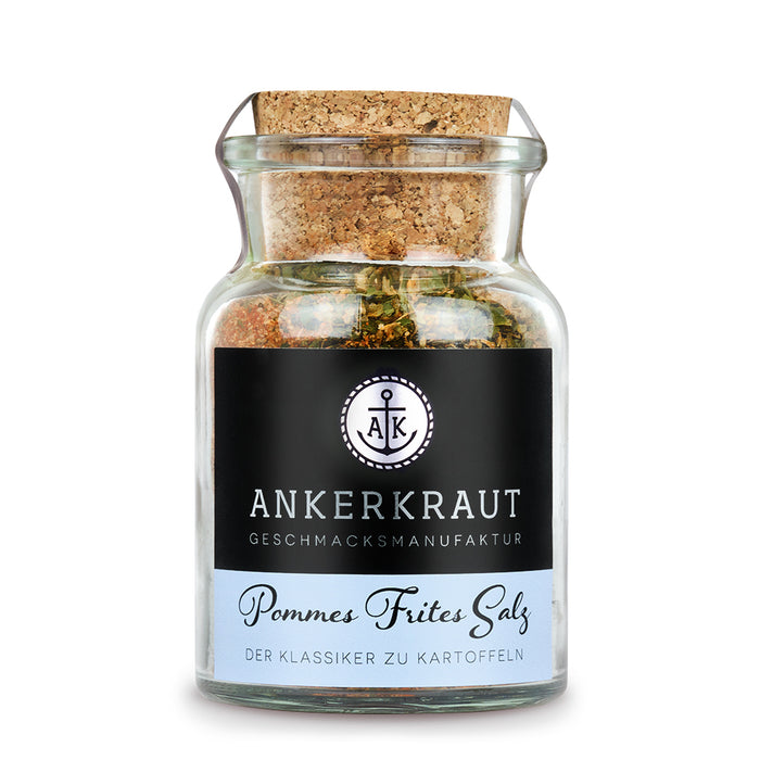 Pommes Salz von Ankerkraut im Korkenglas auf weißem Hintergrund.