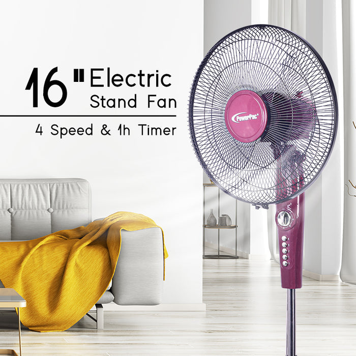 PowerPac 16" Stand Fan – Strong Airflow, Adjustable Tilt & Height, Oscillation, Timer, Durable, Energy-saving, 4-Speed, red, PPFS50