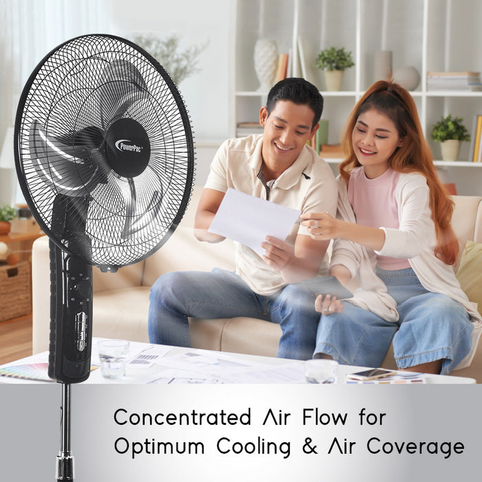 PowerPac 18" Stand Fan – Metal Blades, Powerful Airflow, Adjustable Tilt & Height, Oscillation, Timer, 3-Speed, black, PPFS818
