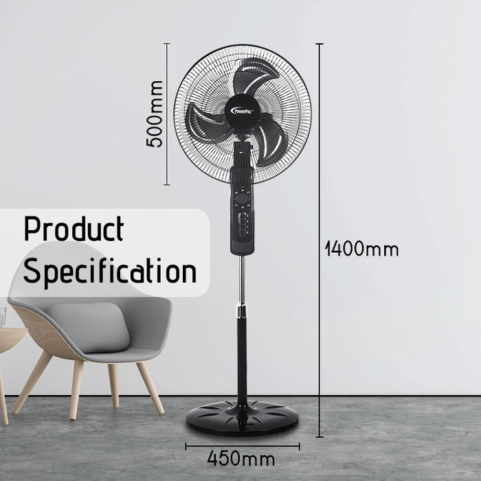 PowerPac 18" Stand Fan – Metal Blades, Powerful Airflow, Adjustable Tilt & Height, Oscillation, Timer, 3-Speed, black, PPFS818