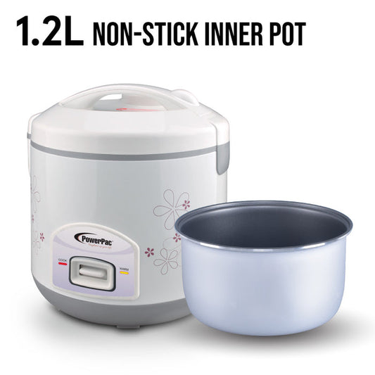 PowerPac Rice Cooker 1.2L with Steamer, Rice Cooker with Non-stick inner pot (PPRC12-Nonstick)