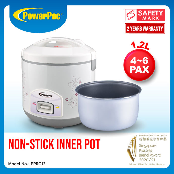 PowerPac Rice Cooker 1.2L with Steamer, Rice Cooker with Non-stick inner pot (PPRC12-Nonstick)