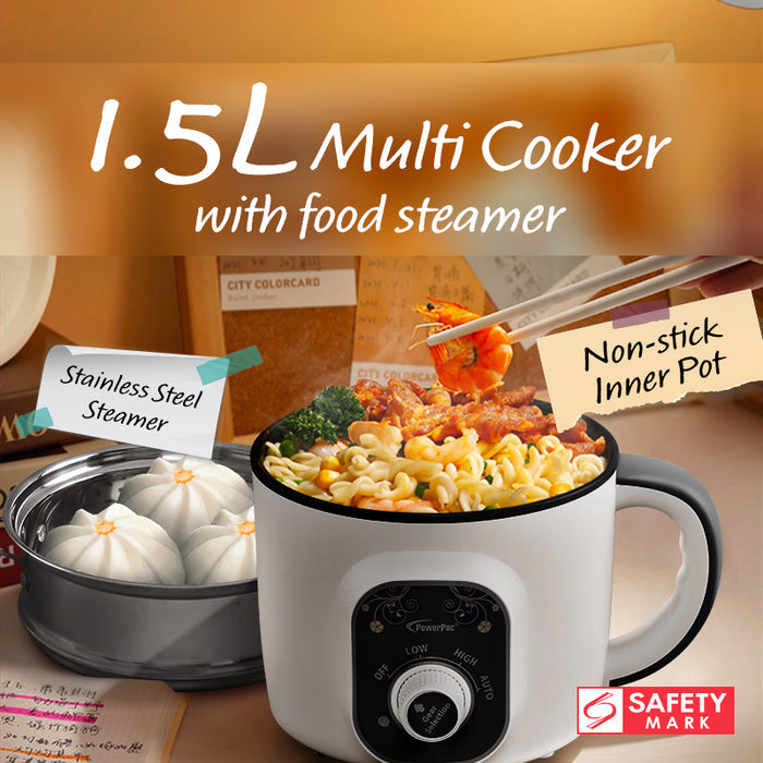 PowerPac Steamboat Multi Cooker 1.5L Non-stick cooker with Food Steamer (PPJ2020)