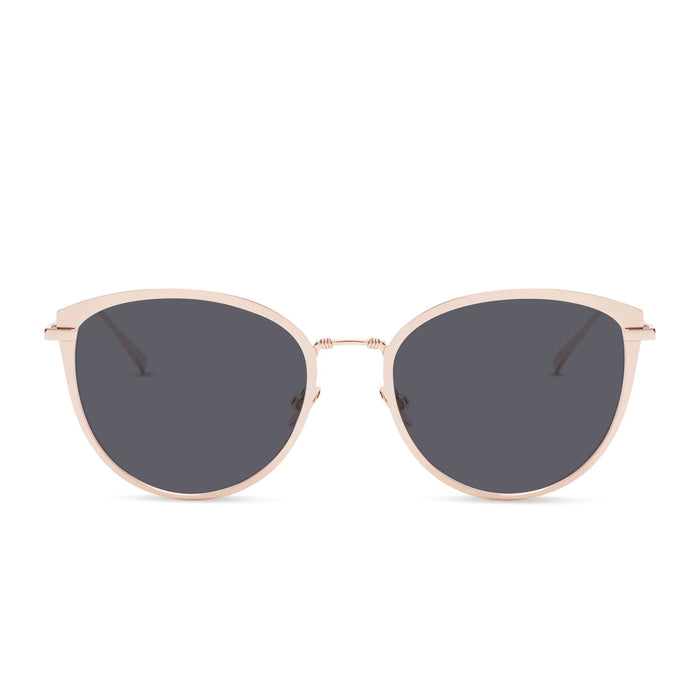 diff eyewear star wars princess leia cat eye prescription sunglasses with a alderaan gold metal frame and grey prescription lenses front view