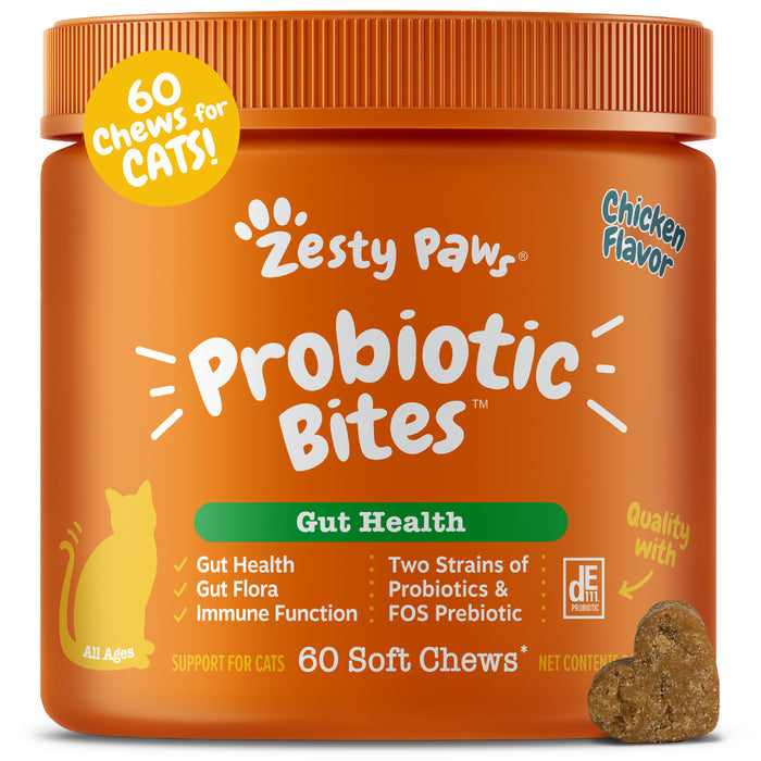 Orange jar of Zesty Paws Probiotic Bites for cats in chicken flavor, containing 60 soft chews.