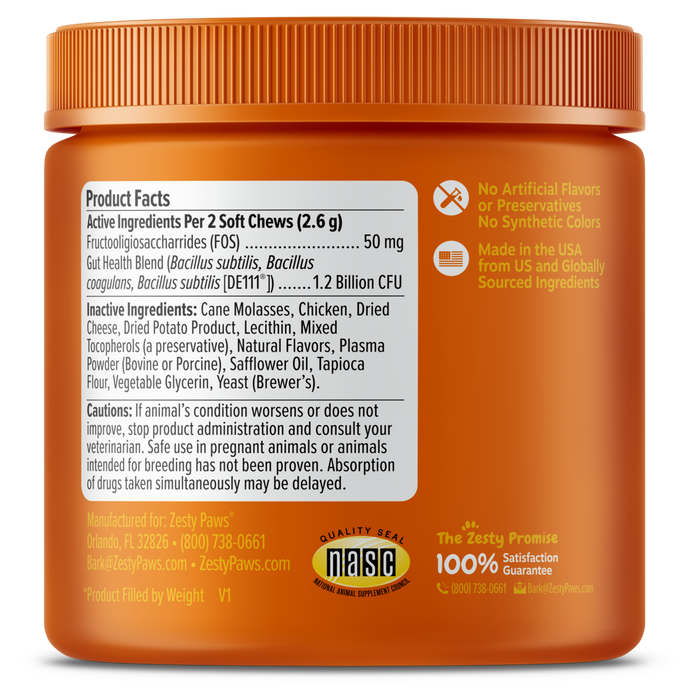 Orange jar of probiotic soft chews for cats with product facts label and ingredient list visible on front.