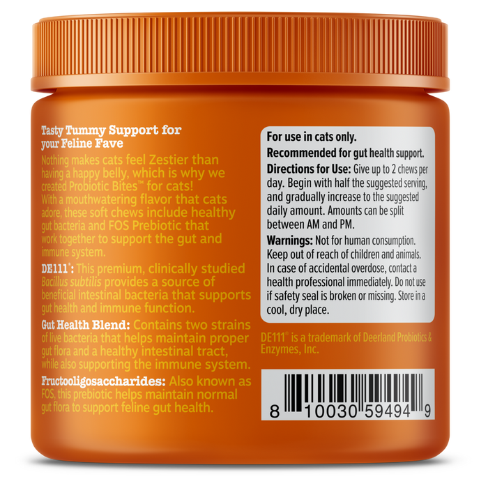Orange jar of probiotic cat treats with ribbed lid and product information label on front.