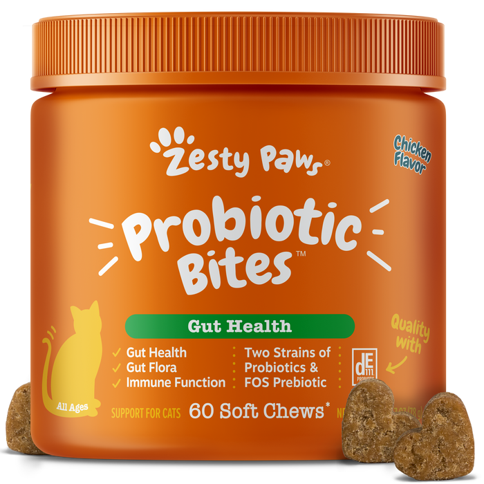 Orange jar of Zesty Paws Probiotic Bites for cats with chicken flavor, containing 60 soft chews, surrounded by three brown bi
