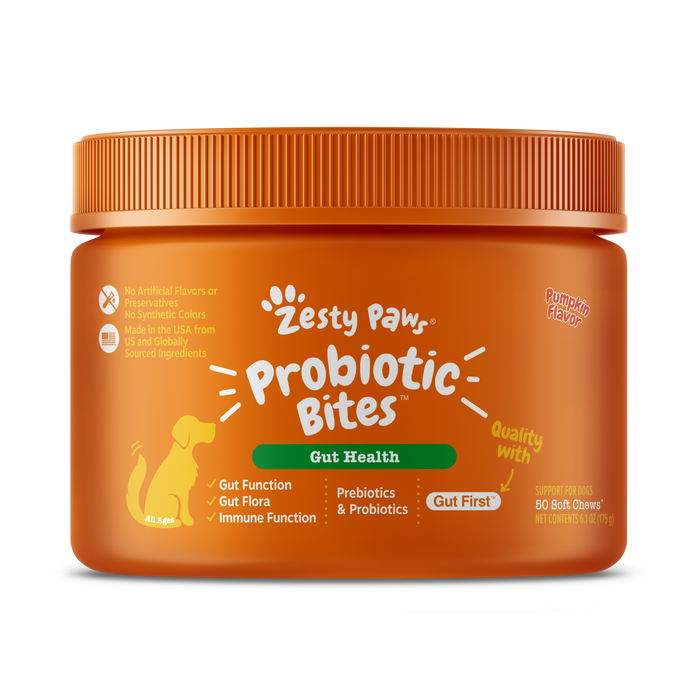 Orange bottle of Zesty Paw Probiotic Bites for dogs with pumpkin flavor, containing 80 soft chews.
